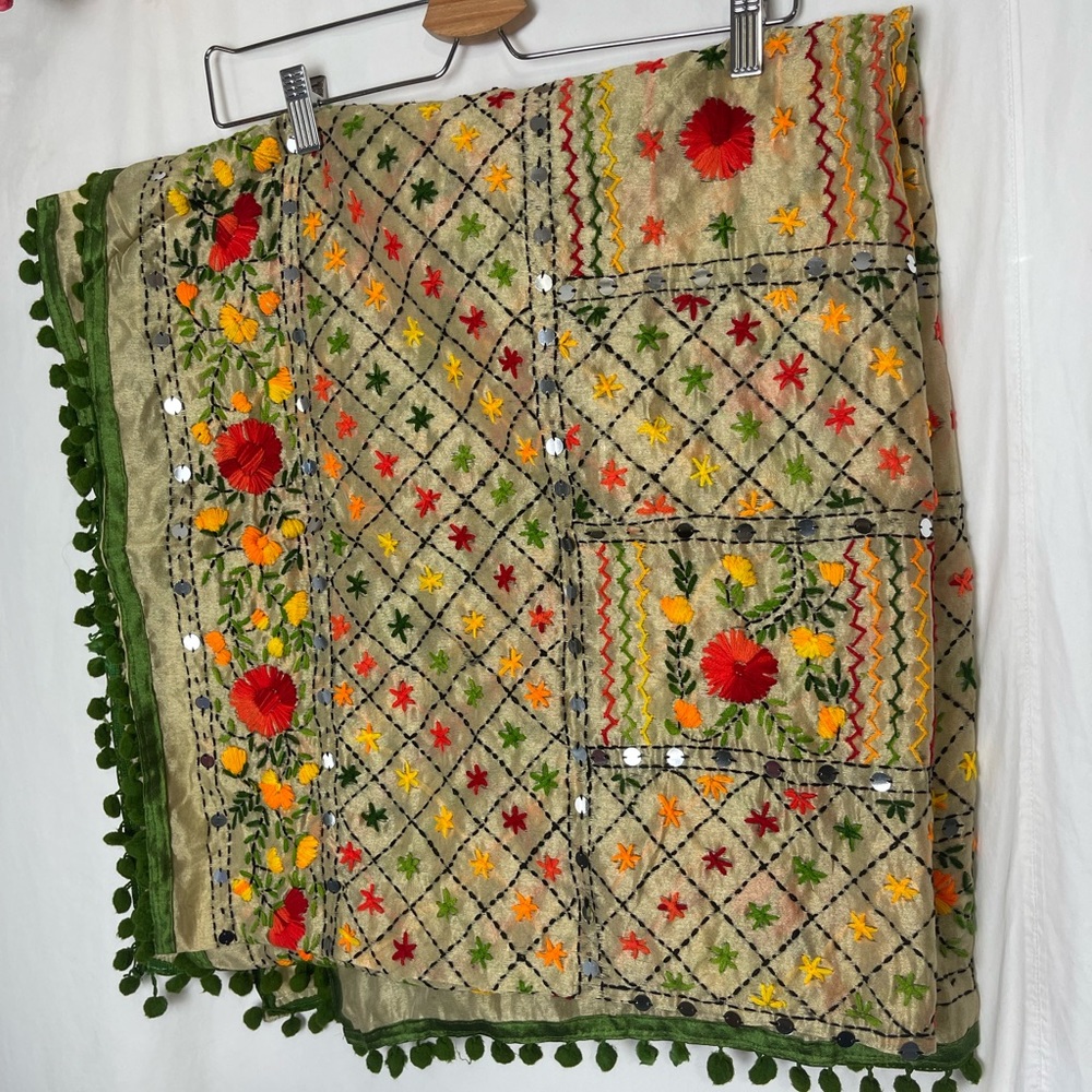 Shawl Green Pom Pom long Duppatta Raw Silk handmade mirror and thread scarf long